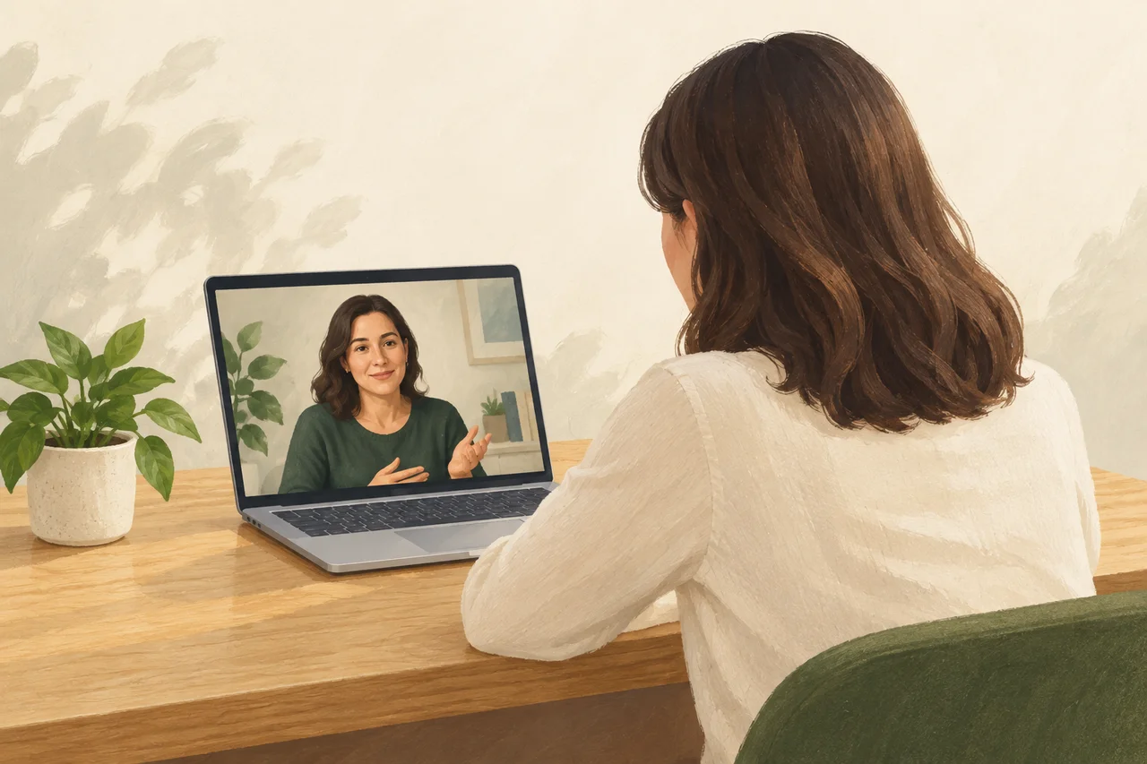 Illustration of an adult seen from behind, talking with a counsellor on a laptop in a quiet space